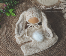 Load image into Gallery viewer, Knitted Bunny Bonnet and Matching Shorts for 6-12 Months Old | Cream Colour | Photography Outfit