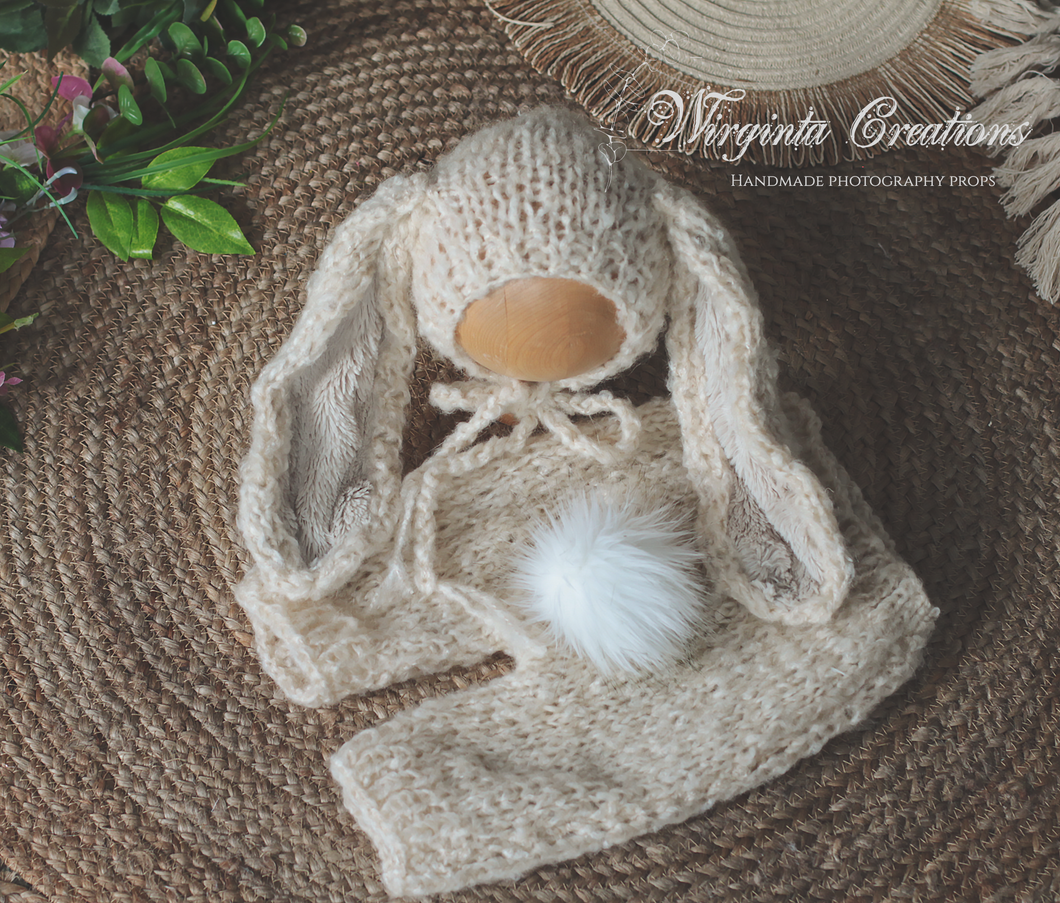 Knitted Bunny Bonnet and Matching Shorts for 6-12 Months Old | Cream Colour | Photography Outfit