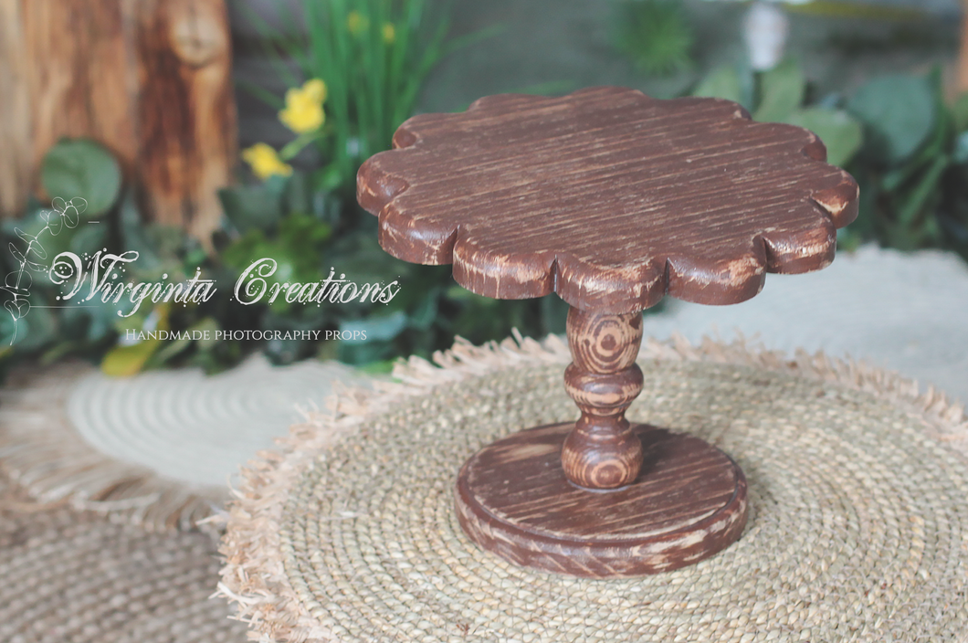 Distressed Brown Flower-Shaped Wooden Cake Stand. Photography Prop, Home Decor