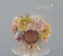 Load image into Gallery viewer, Handmade Flower Bonnet for Babies 12-24 Months | Pastel Yellow, Beige, Peach Colours | Artificial Flower Headpiece for Photography