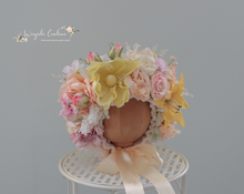 Load image into Gallery viewer, Handmade Flower Bonnet for Babies 12-24 Months | Pastel Yellow, Beige, Peach Colours | Artificial Flower Headpiece for Photography