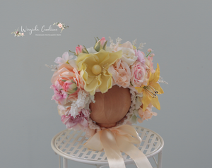 Handmade Flower Bonnet for Babies 12-24 Months | Pastel Yellow, Beige, Peach Colours | Artificial Flower Headpiece for Photography