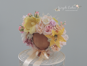 Handmade Flower Bonnet for Babies 12-24 Months | Pastel Yellow, Beige, Peach Colours | Artificial Flower Headpiece for Photography