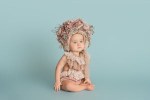 Flower Bonnet for 6-18 Months - Beige, Cream Colour - Handmade - Artificial Flower Headpiece - Photo Prop