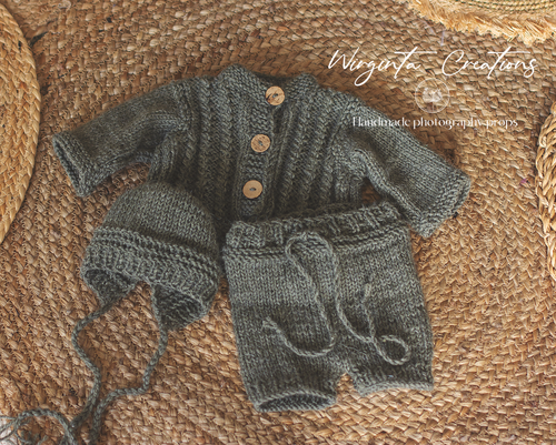 Handmade Three Piece Set for Newborn - Khaki Knitted Cardigan, Bonnet and Shorts - Photography Prop