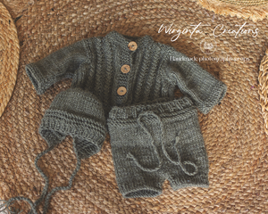 Handmade Three Piece Set for Newborn - Khaki Knitted Cardigan, Bonnet and Shorts - Photography Prop