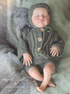 Handmade Three Piece Set for Newborn - Khaki Green Knitted Cardigan, Bonnet and Shorts - Photography Prop