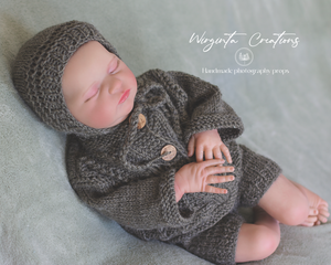 Handmade Three Piece Set for Newborn - Khaki Green Knitted Cardigan, Bonnet and Shorts - Photography Prop