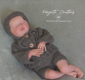 Handmade Three Piece Set for Newborn - Khaki Green Knitted Cardigan, Bonnet and Shorts - Photography Prop