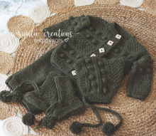 Load image into Gallery viewer, Handmade Four Piece Khaki Knit Outfit Set for 12-24 Months Old. Photography Prop
