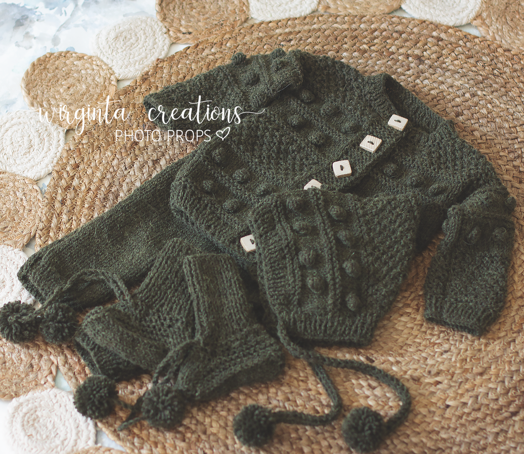 Handmade Four Piece Khaki Knit Outfit Set for 12-24 Months Old. Photography Prop