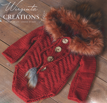 Load image into Gallery viewer, Knitted hooded fox romper for 9-18 months old. Photography prop, burnt orange colour. Hood decorated with faux fur. Romper placed on wooden background. Wirginta Creations - the creator