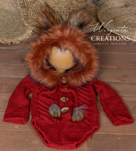 Load image into Gallery viewer, Fox Hooded Romper - Size: 9-18 Months Old - Handmade - Knitted Outfit - Woodlands-Inspired Photography Prop