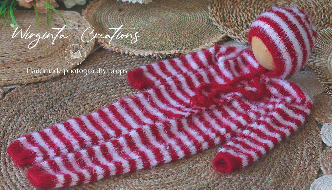 Handmade Knitted Footless Romper and Bonnet Set | Christmas | Red and White Striped | Photography Prop | 9-18 months-old