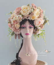 Load image into Gallery viewer, Large Flower Headpiece - Cascading Style Photography Crown - Colours: Peach, Pink, Cream - Maternity Photoshoot - Luxury Flower Headband