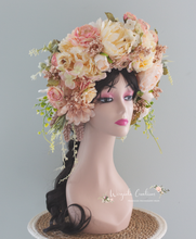 Load image into Gallery viewer, Large Flower Headpiece - Cascading Style Photography Crown - Colours: Peach, Pink, Cream - Maternity Photoshoot - Luxury Flower Headband