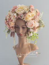 Load image into Gallery viewer, Large Flower Headpiece - Cascading Style Photography Crown - Colours: Peach, Pink, Cream - Maternity Photoshoot - Luxury Flower Headband