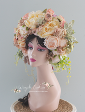Load image into Gallery viewer, Large Flower Headpiece - Cascading Style Photography Crown - Colours: Peach, Pink, Cream - Maternity Photoshoot - Luxury Flower Headband