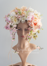 Load image into Gallery viewer, Large Flower Headpiece - Cascading Style Photography Crown - Colours: Beige, Pink, White - Maternity Photoshoot - Luxury Flower Headband