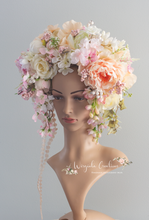 Load image into Gallery viewer, Large Flower Headpiece - Cascading Style Photography Crown - Colours: Beige, Pink, White - Maternity Photoshoot - Luxury Flower Headband