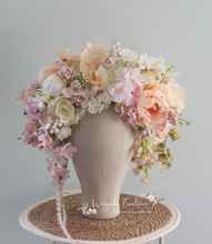 Load image into Gallery viewer, Large Flower Headpiece - Cascading Style Photography Crown - Colours: Beige, Pink, White - Maternity Photoshoot - Luxury Flower Headband