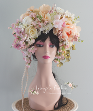 Load image into Gallery viewer, Large Flower Headpiece - Cascading Style Photography Crown - Colours: Beige, Pink, White - Maternity Photoshoot - Luxury Flower Headband