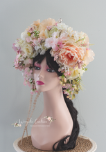 Load image into Gallery viewer, Large Flower Headpiece - Cascading Style Photography Crown - Colours: Beige, Pink, White - Maternity Photoshoot - Luxury Flower Headband