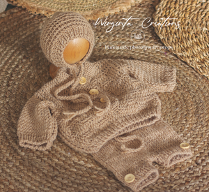 Handmade Three Piece Set for Newborn - Light Brown Knitted Cardigan, Bonnet and Shorts - Photography Prop