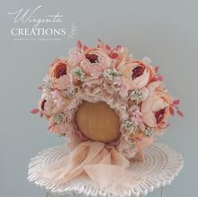 Load image into Gallery viewer, Flower Bonnet for 12-24 Months Old - Light Peach Colour - Handmade - Artificial Peonies Headpiece - Photo Prop