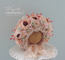 Load image into Gallery viewer, Flower Bonnet for 12-24 Months Old - Light Peach Colour - Handmade - Artificial Peonies Headpiece - Photo Prop