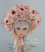 Load image into Gallery viewer, Flower Bonnet for 12-24 Months Old - Light Peach Colour - Handmade - Artificial Peonies Headpiece - Photo Prop