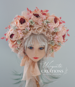 Flower Bonnet for 12-24 Months Old - Light Peach Colour - Handmade - Artificial Peonies Headpiece - Photo Prop