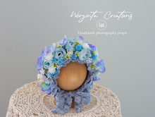 Load image into Gallery viewer, Newborn, 0-3 Months Old Flower Bonnet Photography Prop - Light Blue
