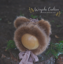 Load image into Gallery viewer, Handmade Tattered Style Teddy Bear Bonnet for 6-24 Months Old - Light Brown