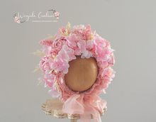 Load image into Gallery viewer, Light Pink, Peach Flower Bonnet for 12-24 Months Old | Photography Prop | Artificial Flower Headpiece