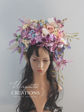 Load image into Gallery viewer, Lilac, purple large flower crown, maternity artificial flower headpiece, photography prop