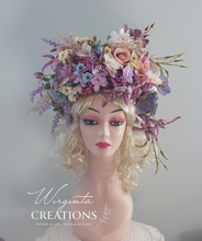 Load image into Gallery viewer, Large Flower Headpiece - Cascading Style Photography Crown - Colours: Lilac, Purple, Pink - Maternity - Luxury Flower Headband for Adults