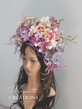 Load image into Gallery viewer, Large Flower Headpiece - Cascading Style Photography Crown - Colours: Lilac, Purple, Pink - Maternity - Luxury Flower Headband for Adults