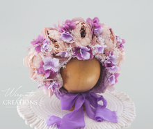 Load image into Gallery viewer, Flower Bonnet for 12-24 Months Old - Lilac, Light Purple Colour - Handmade - Artificial Peonies Headpiece - Photo Prop