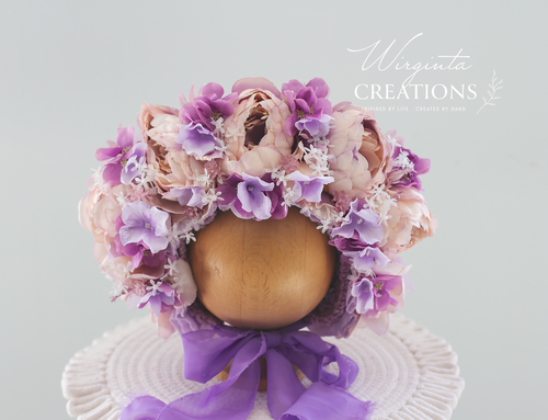 Lilac, light purple flower bonnet placed on a ball stand. Photography prop. For 12-24 months old. Artificial peonies.
