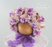 Load image into Gallery viewer, Flower Bonnet for 12-24 Months Old - Lilac, Light Purple Colour - Handmade - Artificial Peonies Headpiece - Photo Prop