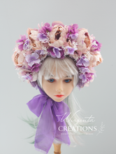 Load image into Gallery viewer, Flower Bonnet for 12-24 Months Old - Lilac, Light Purple Colour - Handmade - Artificial Peonies Headpiece - Photo Prop