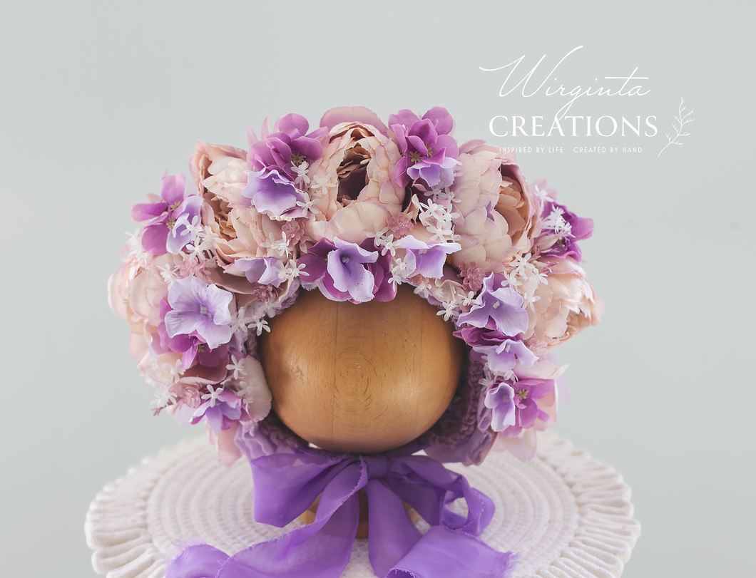 Lilac, light purple flower bonnet placed on a ball stand. Photography prop. For 12-24 months old. Artificial peonies.