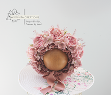 Load image into Gallery viewer, Flower Bonnet for 6-18 Months - Mauve, Dusty Pink Colour - Handmade - Artificial Flower Headpiece - Photo Prop