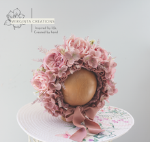 Load image into Gallery viewer, Flower Bonnet for 6-18 Months - Mauve, Dusty Pink Colour - Handmade - Artificial Flower Headpiece - Photo Prop
