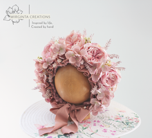 Load image into Gallery viewer, Flower Bonnet for 6-18 Months - Mauve, Dusty Pink Colour - Handmade - Artificial Flower Headpiece - Photo Prop