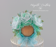 Load image into Gallery viewer, Mint Flower Bonnet for 12-24 Months Old | Photography Prop | Artificial Flower Headpiece