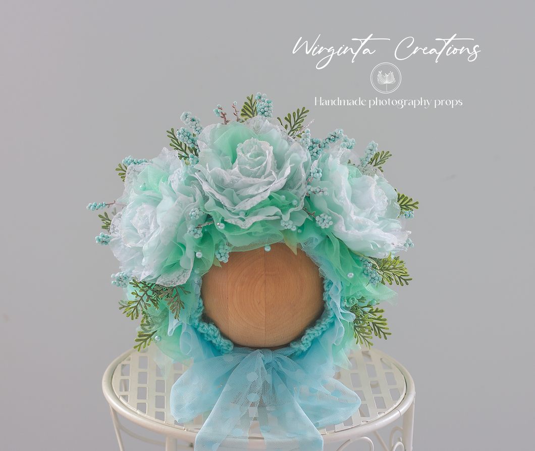 Mint Flower Bonnet for 12-24 Months Old | Photography Prop | Artificial Flower Headpiece
