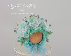 Mint Flower Bonnet for 12-24 Months Old | Photography Prop | Artificial Flower Headpiece