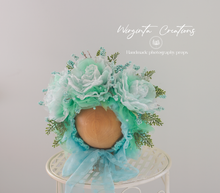 Load image into Gallery viewer, Mint Flower Bonnet for 12-24 Months Old | Photography Prop | Artificial Flower Headpiece